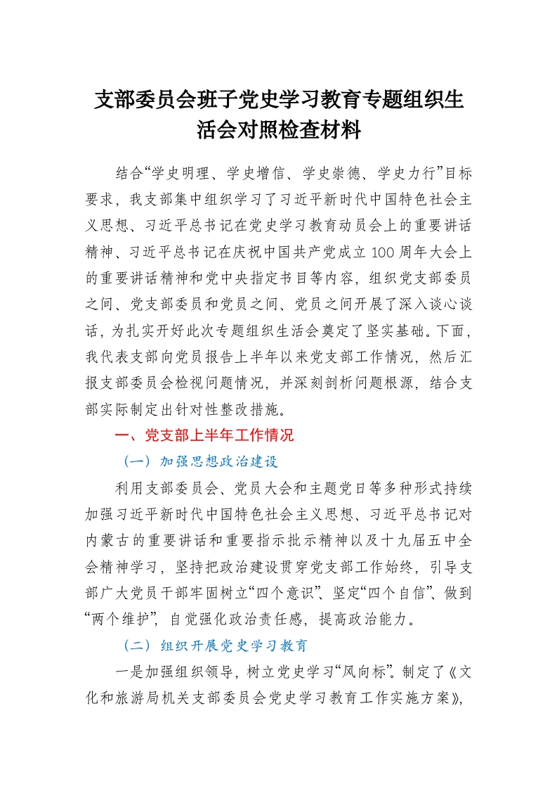 支部委员会班子成员党史学习教育专题组织生活会对照检查材料word讲稿