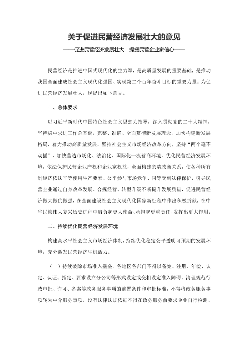 关于促进民营经济发展壮大的意见党课学习教育word演讲稿