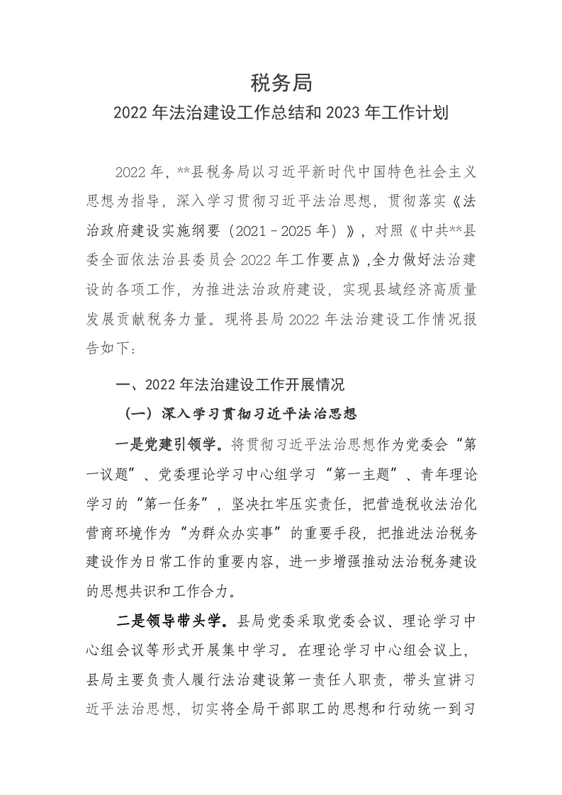 税务局2022年法治建设工作总结2023工作计划学习教育word文档