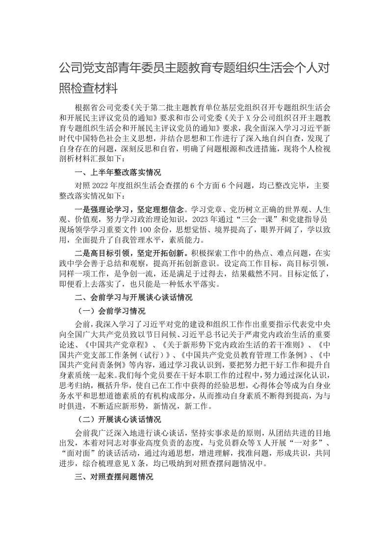 公司党支部青年委员主题教育专题组织生活会个人对照检查材料