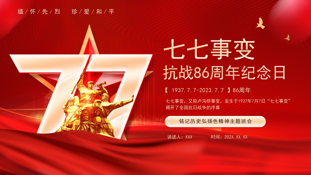 红色复古缅怀先烈珍爱和平纪念七七事变解读ppt模板