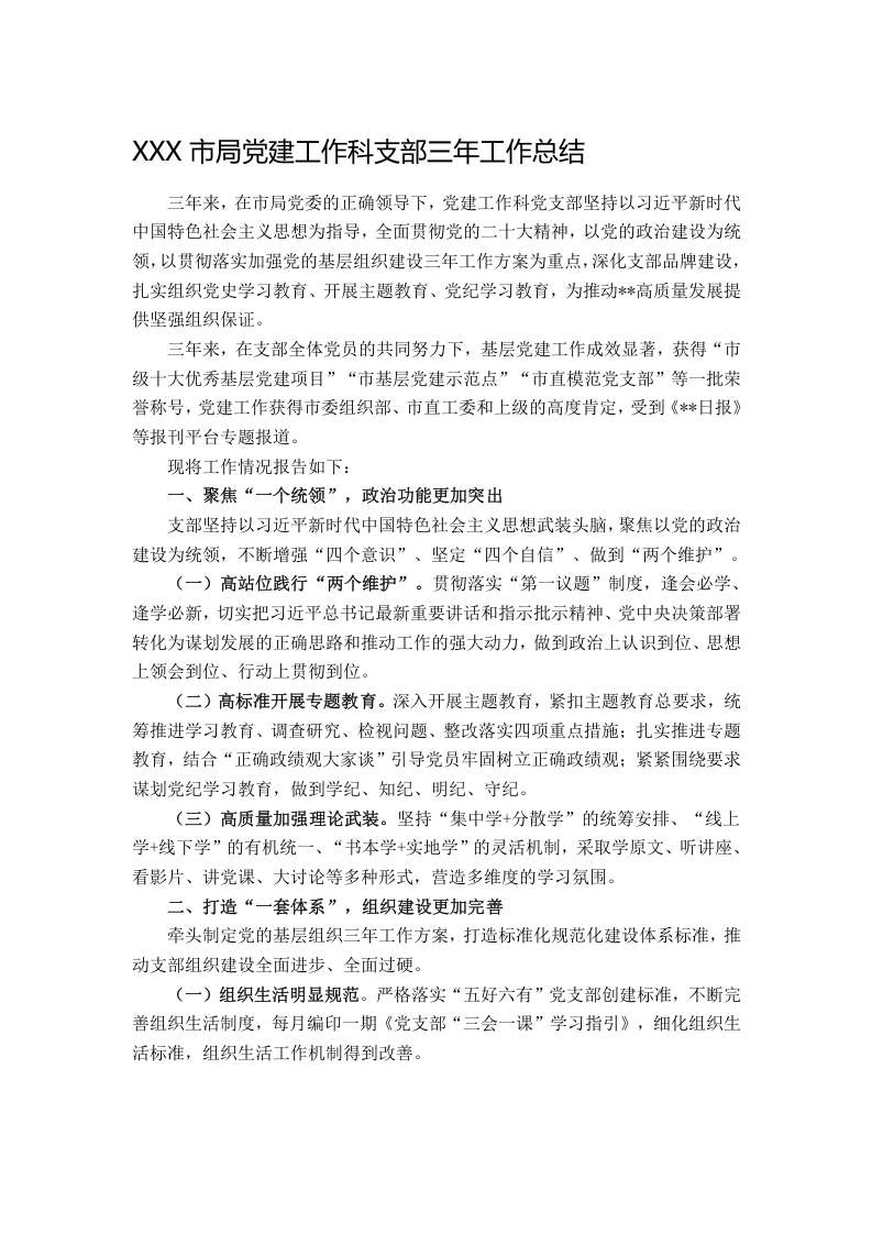XXX市局党建工作科支部三年工作总结发言稿