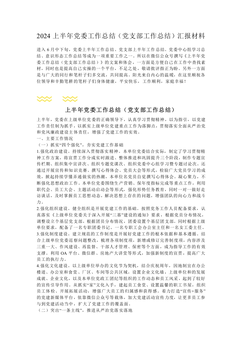 2024上半年党委工作总结（党支部工作总结）汇报材料