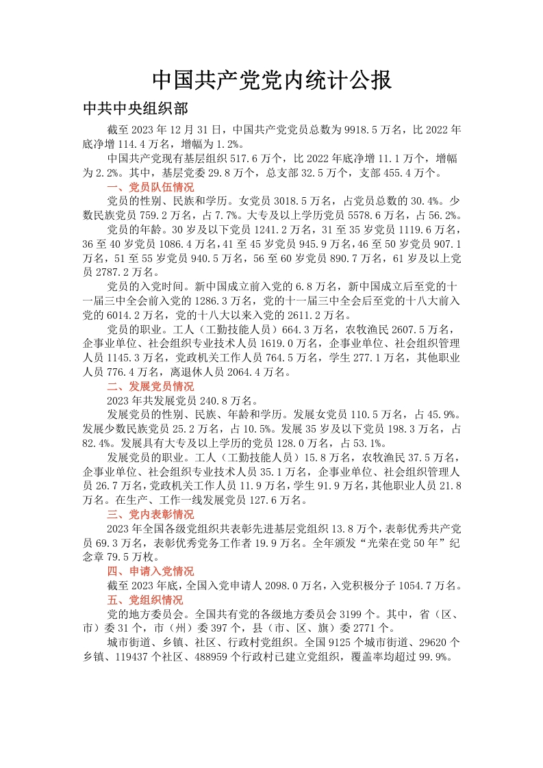 中国共产党党员党内统计公报