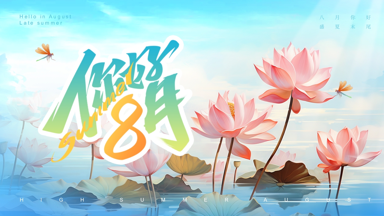 蓝色夏季荷花八月你好通用PPT