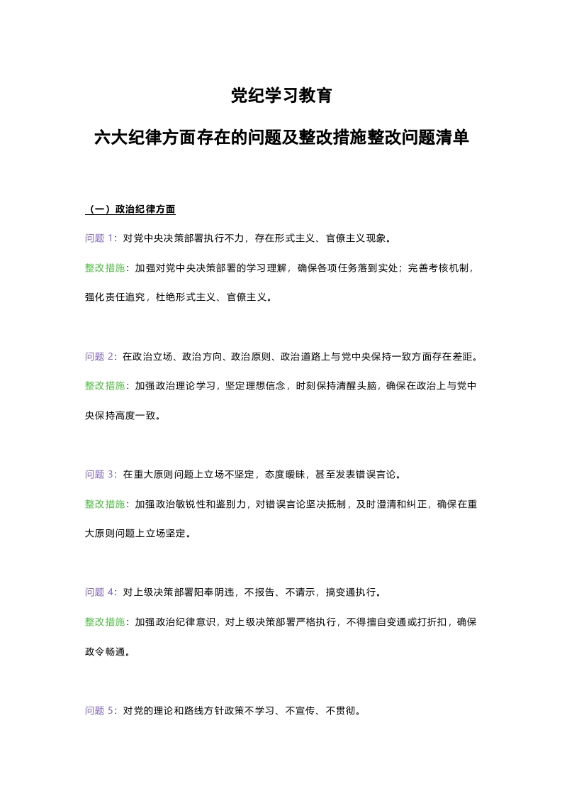 六大纪律方面存在的问题及整改措施整改问题清单党课课件(讲稿)