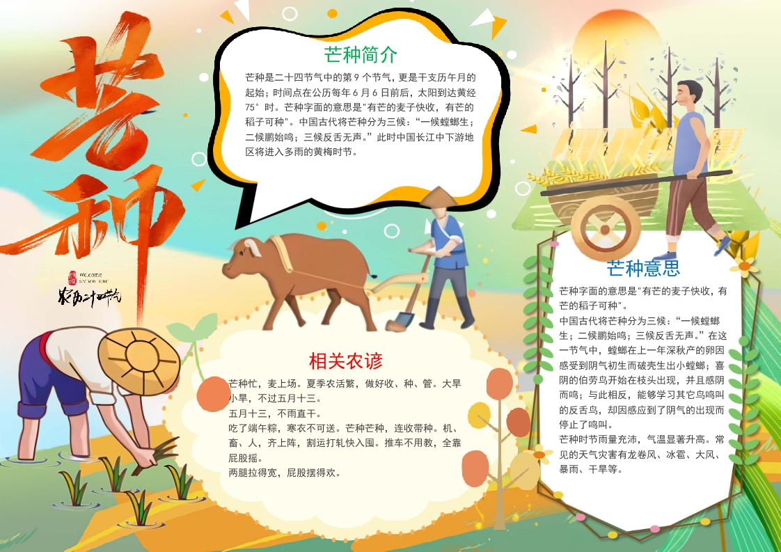 黄色卡通二十四节气芒种小报word模板