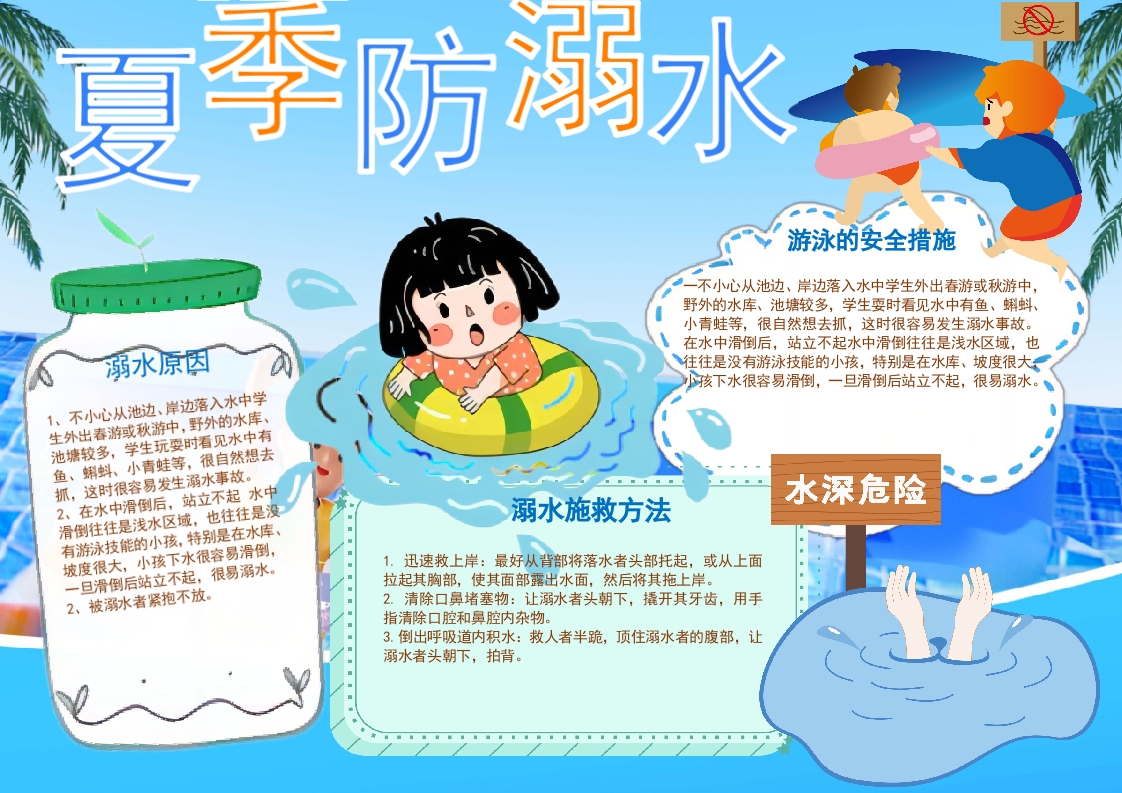 卡通夏日预防溺水暑假安全教育小报word模板