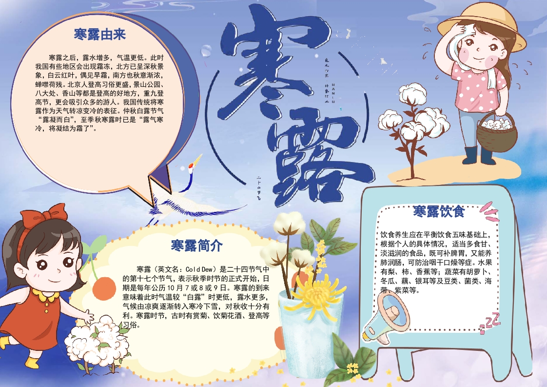 蓝色卡通二十四节气寒露小报Word模板