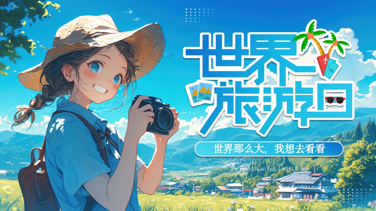 蓝色插画风世界旅游日PPT模板