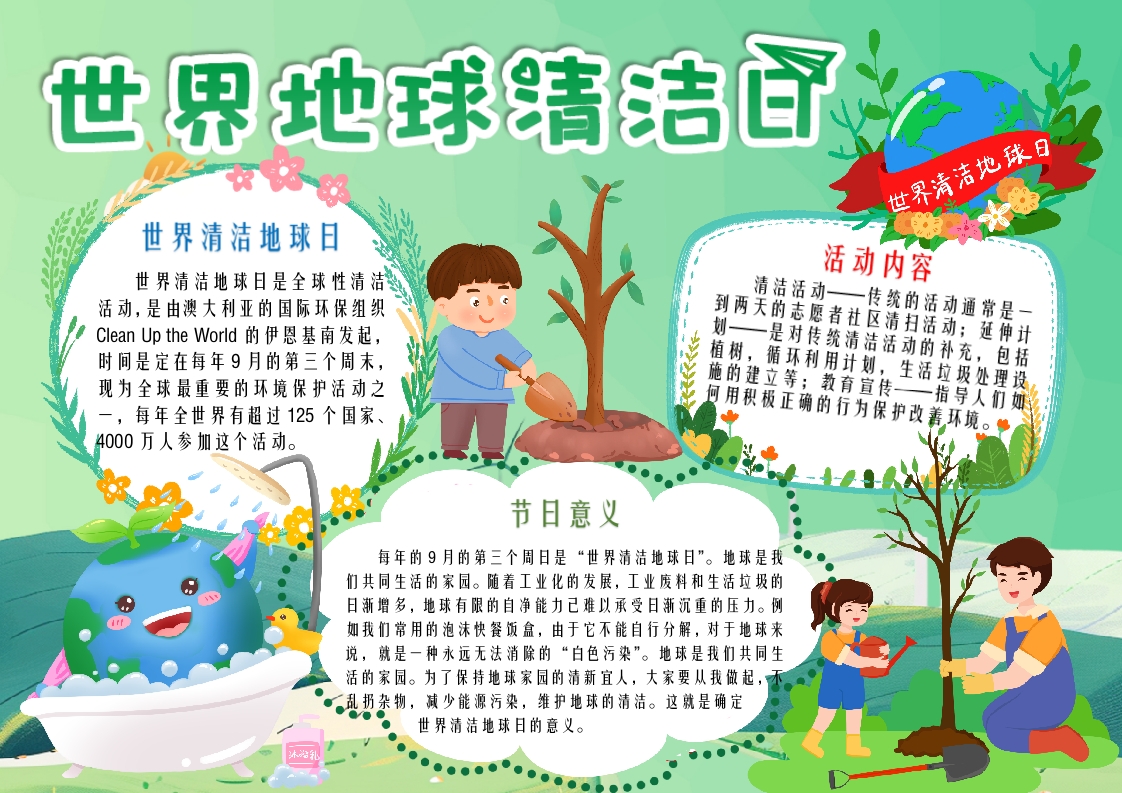 绿色卡通世界地球清洁日小报