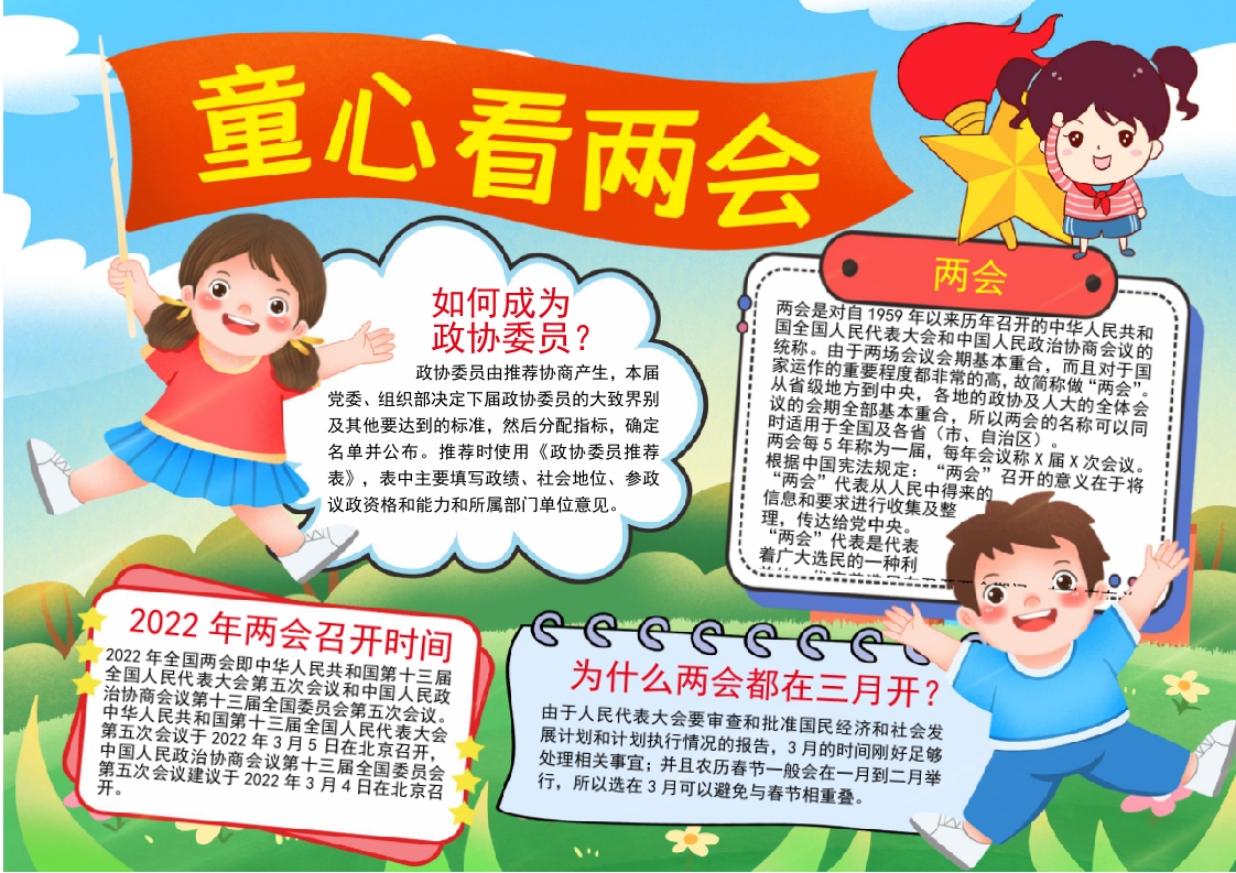 卡通风格童心看两会小报手抄报