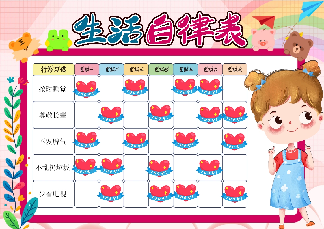 卡通风儿童生活自律表手抄小报word模板