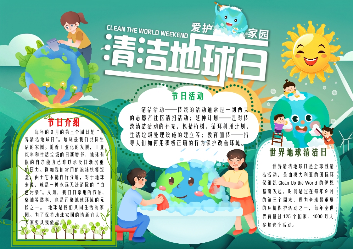 绿色卡通世界清洁地球日小报word