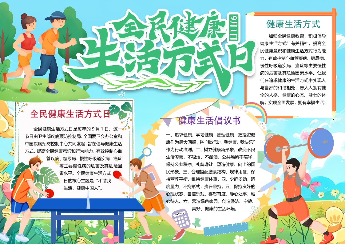 全民健康生活方式日全民运动小报手抄报word模版