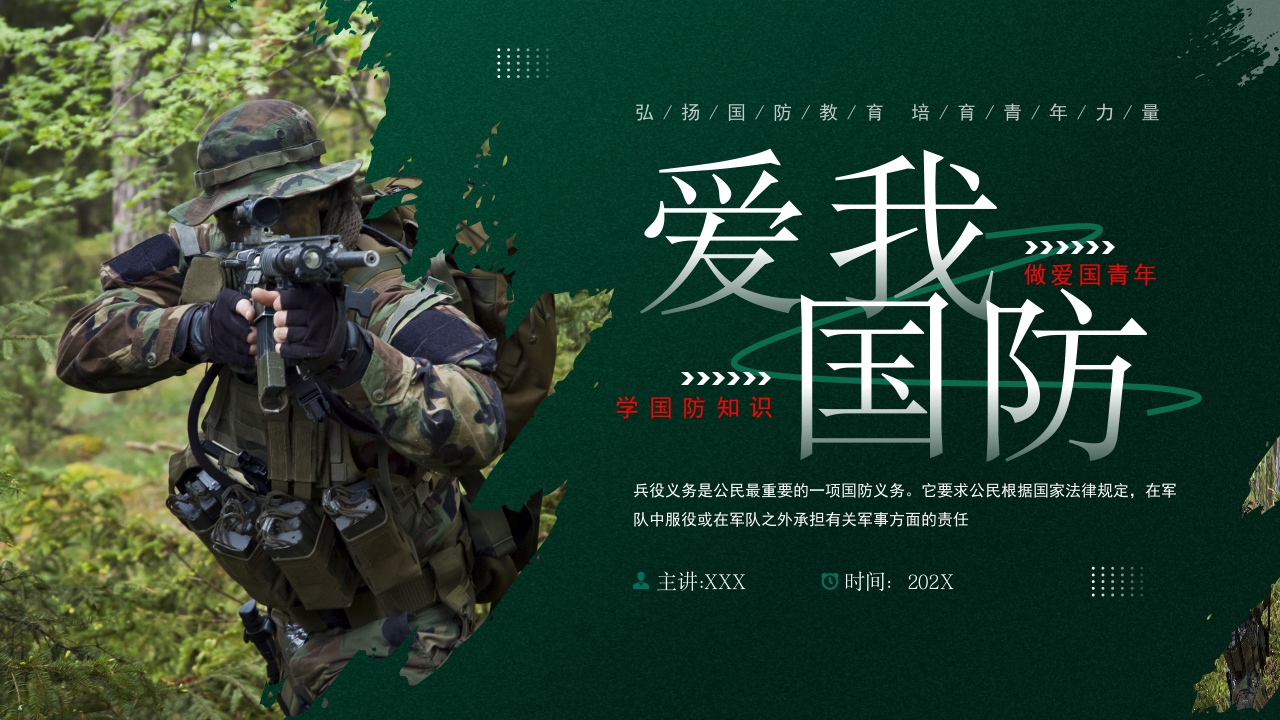 绿色迷彩全民国防教育日主题课件学习PPT模板