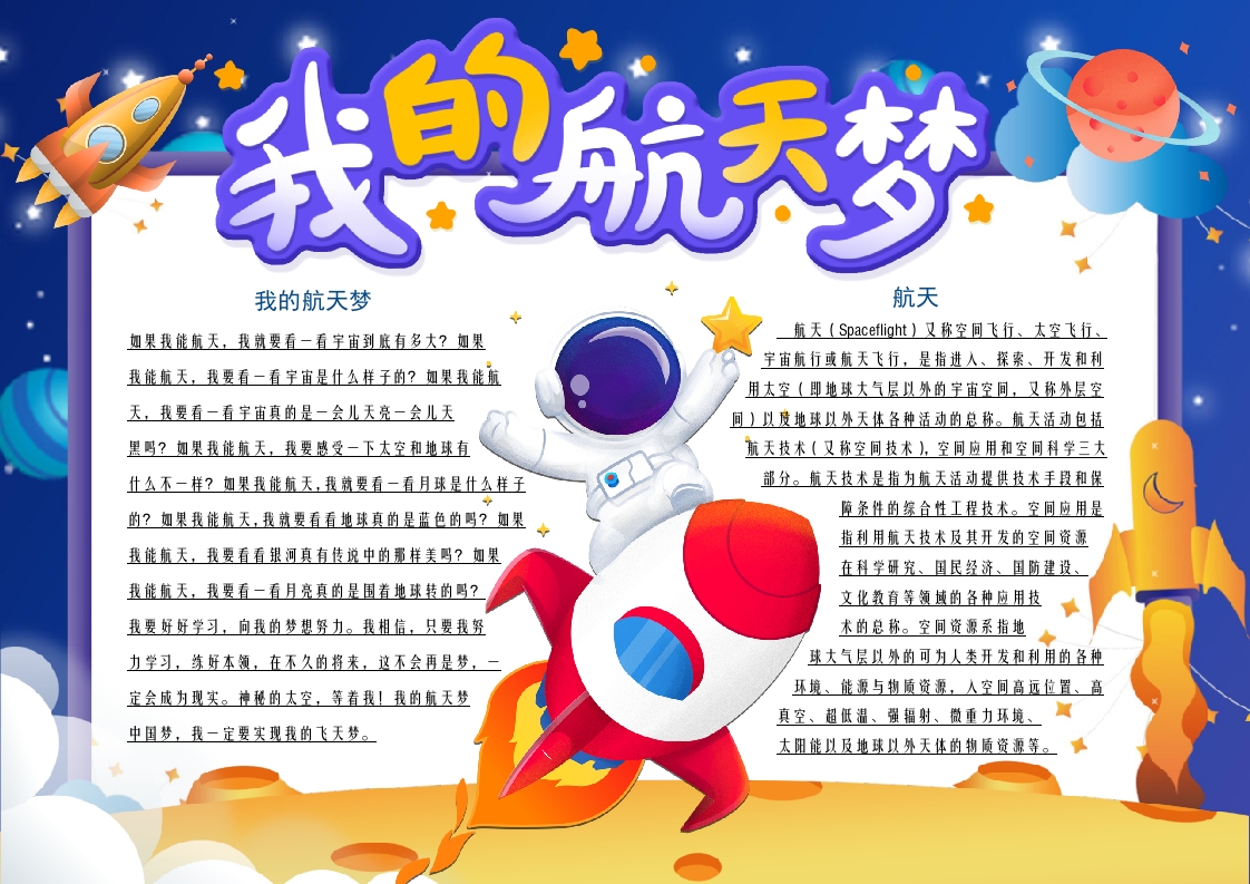 蓝色星空我的航天梦卡通小报手抄报word模板