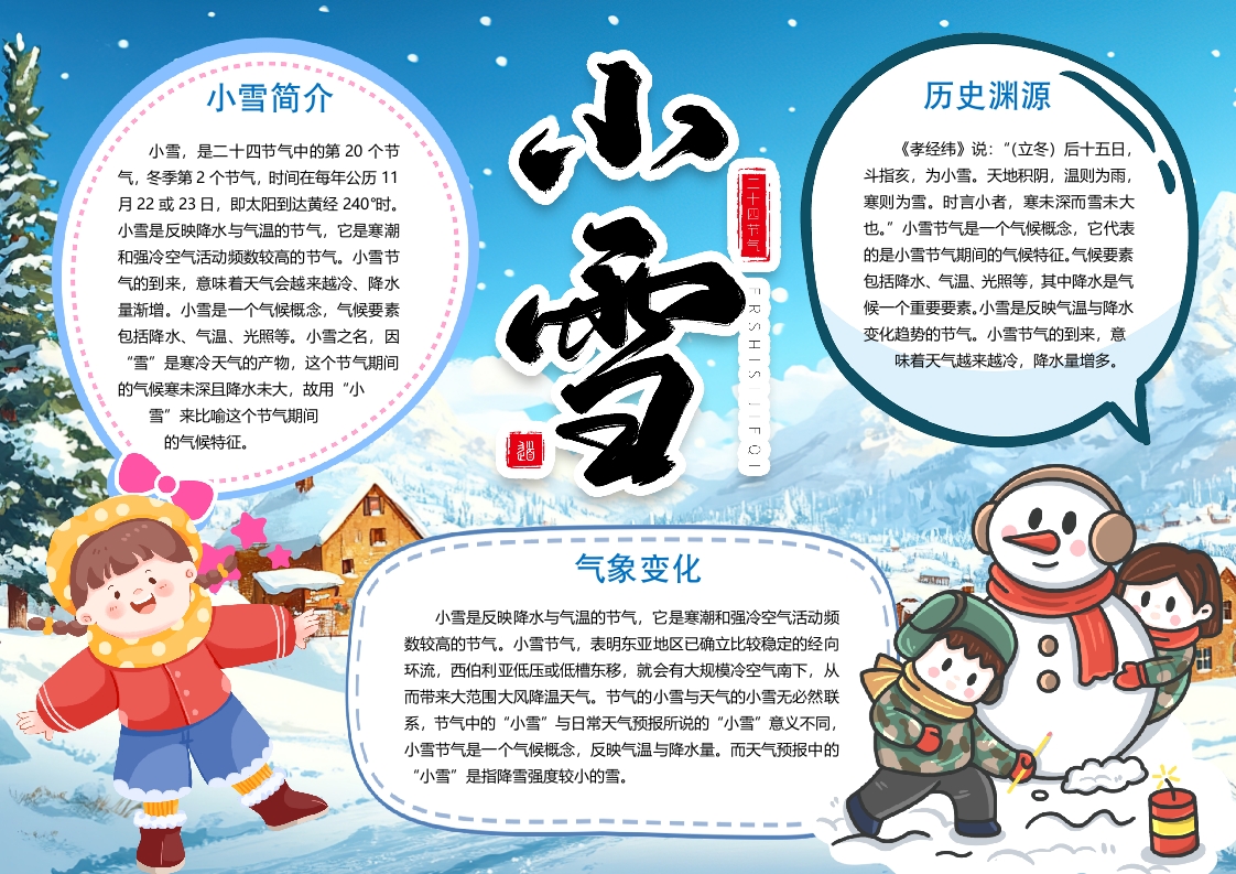 小雪二十四节气知识小报手抄报word模版