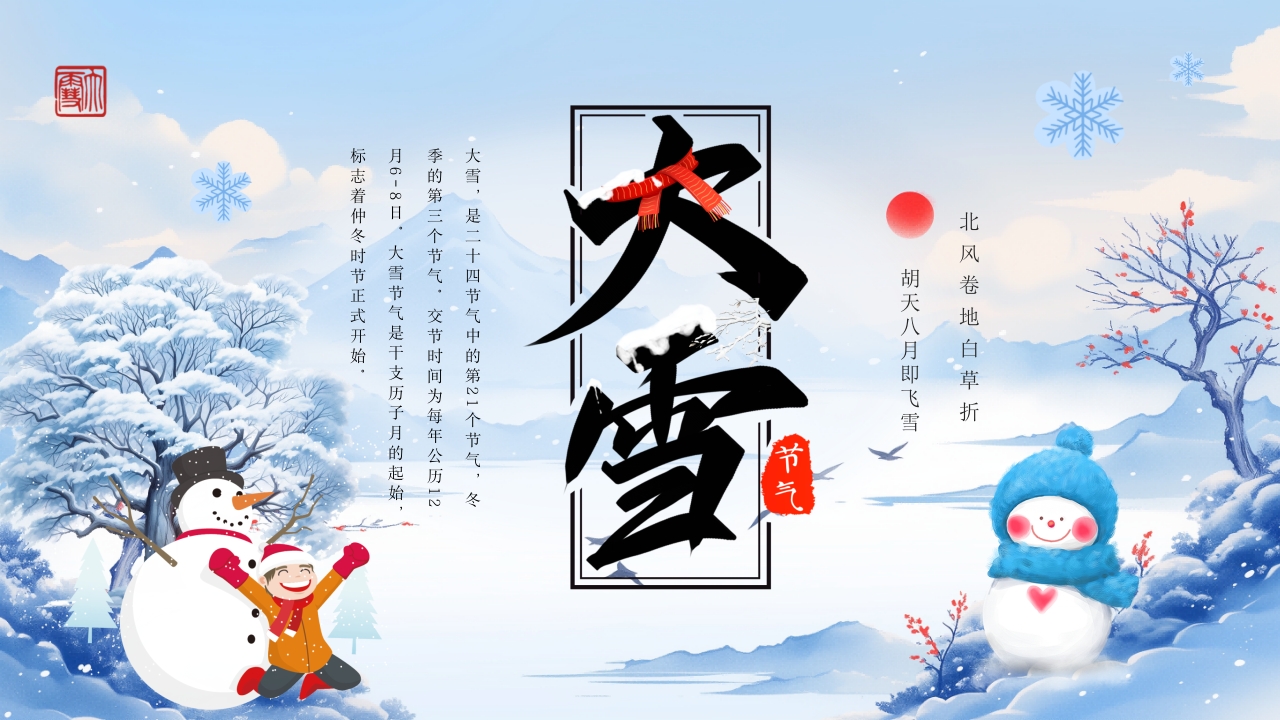 蓝色冬季大雪节气宣传介绍PPT模版