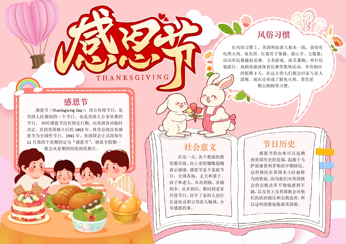 卡通感恩节介绍小报手抄报word模版