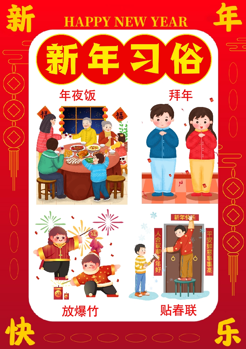 竖版新年习俗手抄报春节习俗电子小报