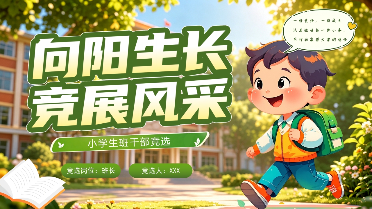 卡通向阳生长竞展风采小学生班干部竞选PPT模板